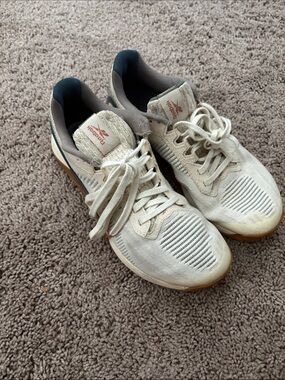 Reebok Men’s White Knit Sneakers with Gum and Navy Accents